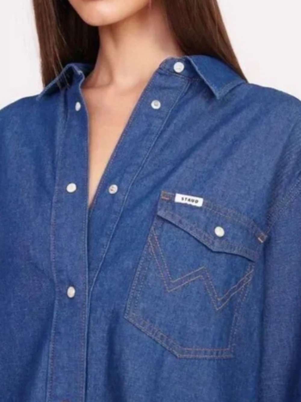 STAUD X Wrangler Oversized Western Denim Jean Snap Front Shirtdress Size XS - Picture 3 of 7